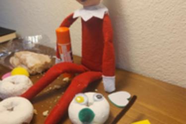 Somehow a midnight snack turned into a craft project for Louie the Shelf Elf.  From powdered donuts to snowmen, his creativity never ceases to impress us.  Right up until we have to clean up the mess!
